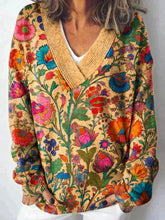 Vintage Floral Art Print Knit V-neck Pullover Sweater
